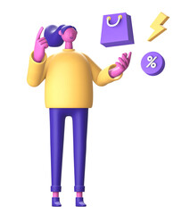 3D Character with shopping bag promo discount and flash for UI UX web mobile apps social media