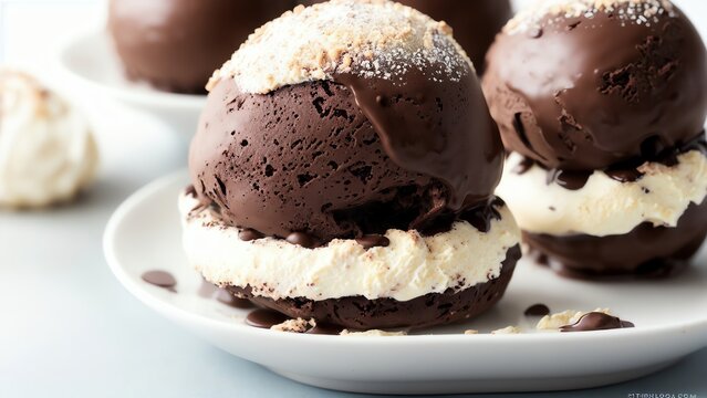Chocolate Ice Cream Balls With Tiramisu With Dripping Chocolate On White Background. Generative AI