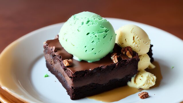 Chocolate Brownie With Vanilla Ice Cream. Nuts And Mint. Generative AI