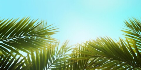 Fototapeta premium World Environment Day concept: Palm Tree Leaves on blue sky background, Generative AI