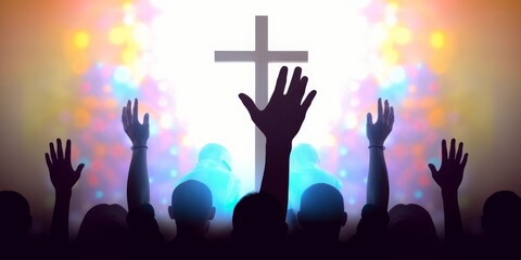 Easter and Good Friday concept, soft focus of Christian worship with raised hand on white cross, Generative AI