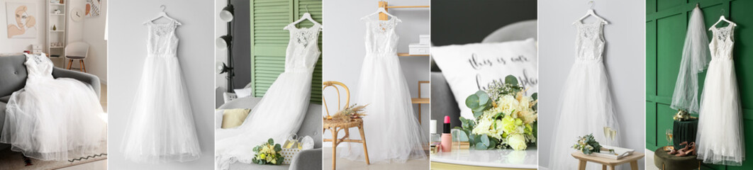 Collage of beautiful wedding dress with bouquet and accessories at home