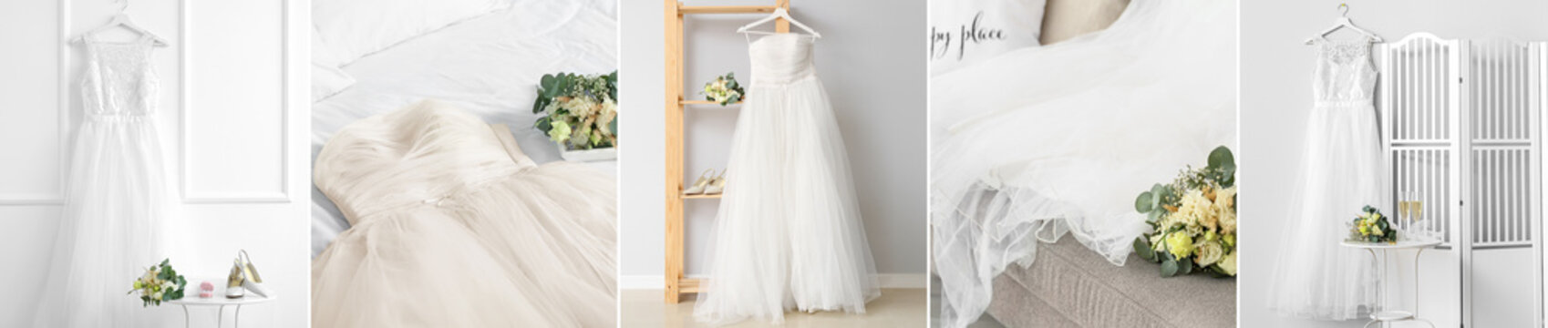Collage of beautiful wedding dresses with bouquet and accessories at home