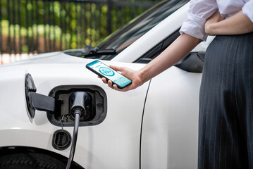 Battery status of electric vehicle displayed on smartphone application or software while vehicle is...