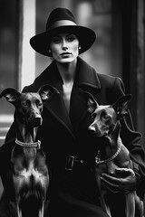 fashionable woman stylishly dressed poses with two Dobermans on city street. Vintage retro fashion of old time. Generative AI