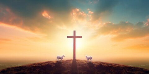 Resurrection of Jesus Christ concept: God Lamb in front of the cross of Jesus Christ on sunrise background, Generative AI