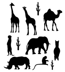 Collection silhouettes of tropical wild African animals. Vector illustration. Isolated hand drawings rhinoceros, giraffe, meerkat, camel, monkey, elephant, llama on white background for design.