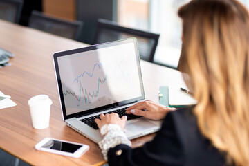 Rear view of a female accountant professional woman using her laptop for work