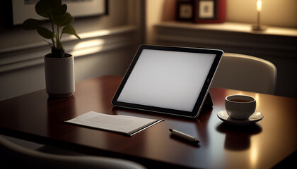 Blank tablet screen, workstation scenario, business, wooden table for your presentation. AI generated.