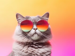 Cute gray fluffy cat in sunglasses and colorful shirt against bright gradient background.