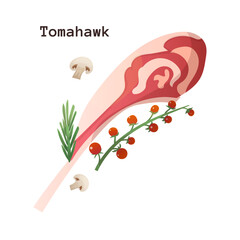 Tomahawk fresh  meat. Cartoon steak with tomato, rosemary and mushrooms. Food for bbq, meal from butcher shop isolated, meat for menu. Vector illustration