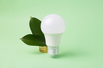 Led bulb with frsh green leafs and coins on background,green energy concept.