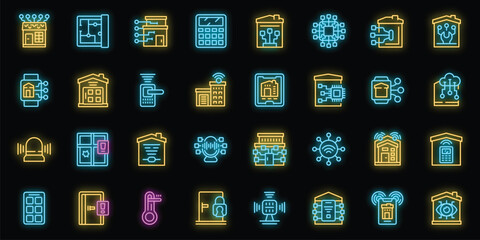 Smart home installation icons set outline vector. Internet system. Home touch neon color on black