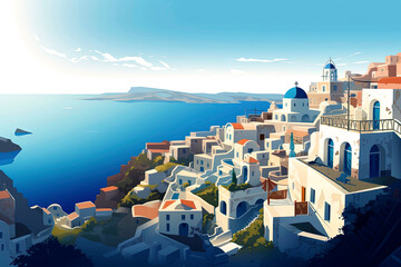 Generative AI illustration of a typical Mediterranean seaside resort town on a sunny day viewed from above in illustration style.