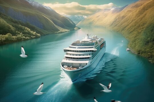 A Large Cruise Ship Is Traveling Down A Huge River, Ai Generative