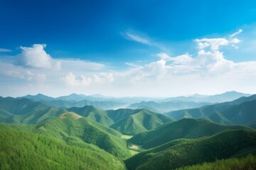 Fototapeta premium World environment day concept: Green mountains and beautiful blue sky clouds, Generative AI