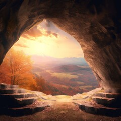 Easter and Good Friday concept, Cave with mountain autumn sunset background, Generative AI