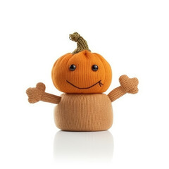 Handmade pumpkin toy with funny face isolated on white background food puppet. Generative AI
