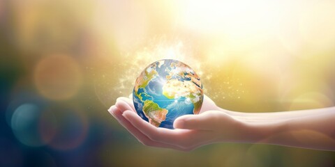 hands holding earth global over blurred abstract nature background. Elements of this image furnished by NASA, Generative AI