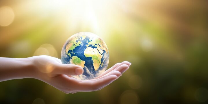hands holding earth global over blurred abstract nature background. Elements of this image furnished by NASA, Generative AI