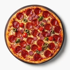 Pizza pepperoni isolated on white background top view . Generative Ai