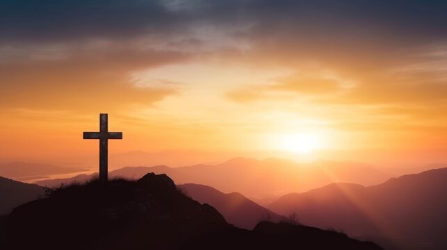Silhouette of crucifix cross on mountain at sunset sky background, Generative AI