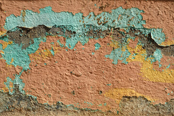Pastel colored flaking paint layers on old wall