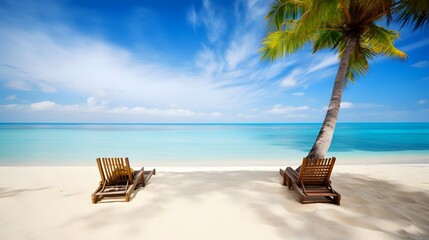 Fototapeta na wymiar Tropical Beach - Chairs And Palm Trees On Coral Sand With Blue Ocean - Summer Vacation