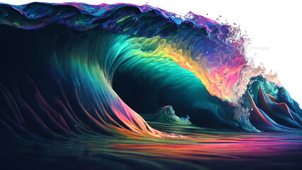 Iridescent waves, strange trippy rainbow liquid ocean flowing glowing splashing in epic alien ocean, surreal abstract colorful ocean wave, oil slick glossy colors (generative AI, AI)