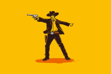 Fototapeta na wymiar Doodle inspired Cowboy shooting a gun, cartoon sticker, sketch, vector, Illustration