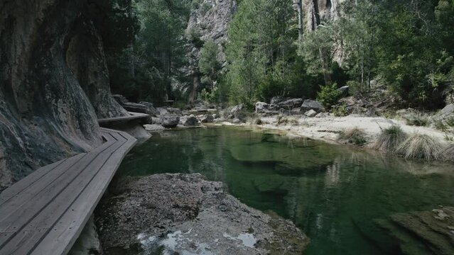 Aerial view of water stream in a forest, Parrizal de Beceite, Rio, Spain.