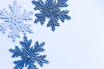 Christmas decorative snowflakes. Top view.holiday background with blue snowflakes