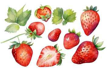 Watercolor of sweet red strawberries and slices clipart isolated on clear png background, popular dessert fruits , painting design concepts, with Generative Ai.