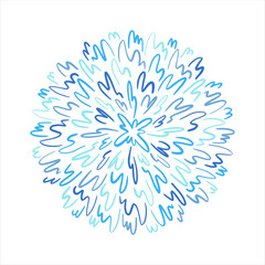 Abstract radial water splash, burst round background, decoration. Circle shape. Chaotic pattern made of hand drawn blue strokes, doodles, undulating lines, scribbles. Watery border, frame template.