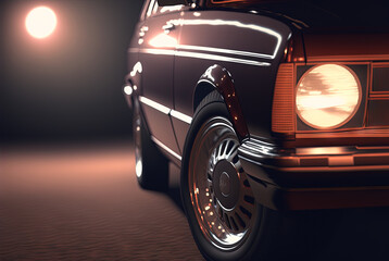 Retro car closeup view. 80s styled automobile in neon lights. Generated AI.