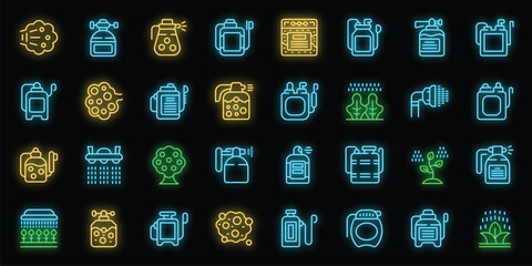 Pesticide sprayer icons set outline vector. Garden pressure. Farm lawn neon color on black