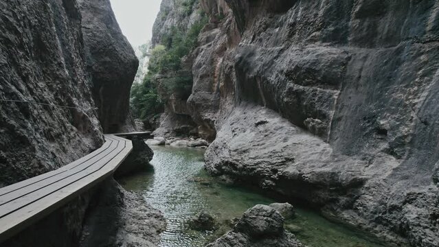 Aerial view of a elevated walkway, Parrizal de Beceite, Rio, Spain.