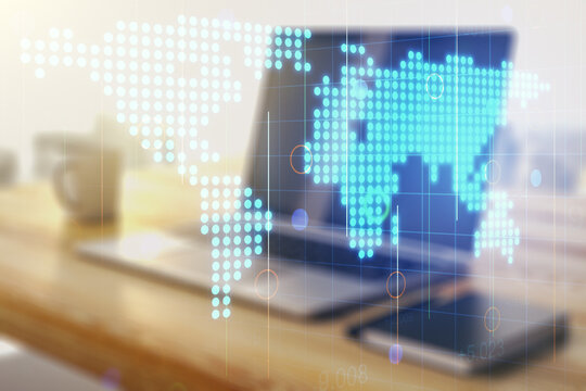 Abstract creative digital world map and modern desktop with pc on background, globalization concept. Multiexposure