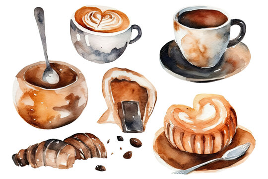 Watercolor Coffee elements menu objects isolated on clear png background, various coffee cups in cafe shop, morning drinks espresso, cappuccino, delicious beverages clipart set, with Generative Ai.