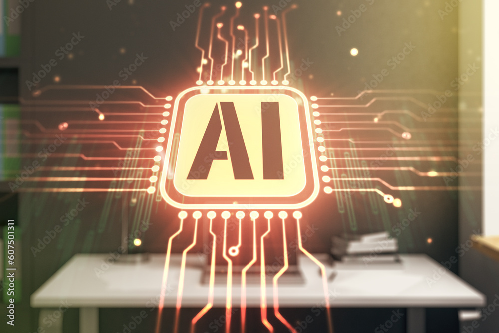 Poster creative artificial intelligence symbol concept and modern desktop with computer on background. mult