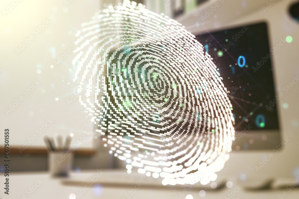 Poster double exposure of abstract creative fingerprint hologram and modern desktop with laptop on backgrou