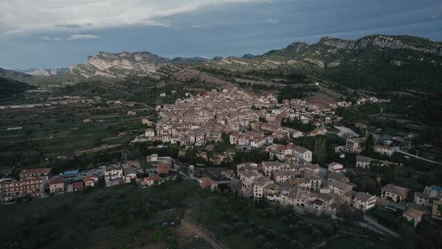 Aerial view of the small town of Beceite surrounded by mountains, Teruel, Matarranya comarca, Spain.
