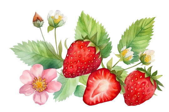 Watercolor of sweet red strawberries and slices clipart isolated on clear png background, popular dessert fruits , painting design concepts, with Generative Ai.