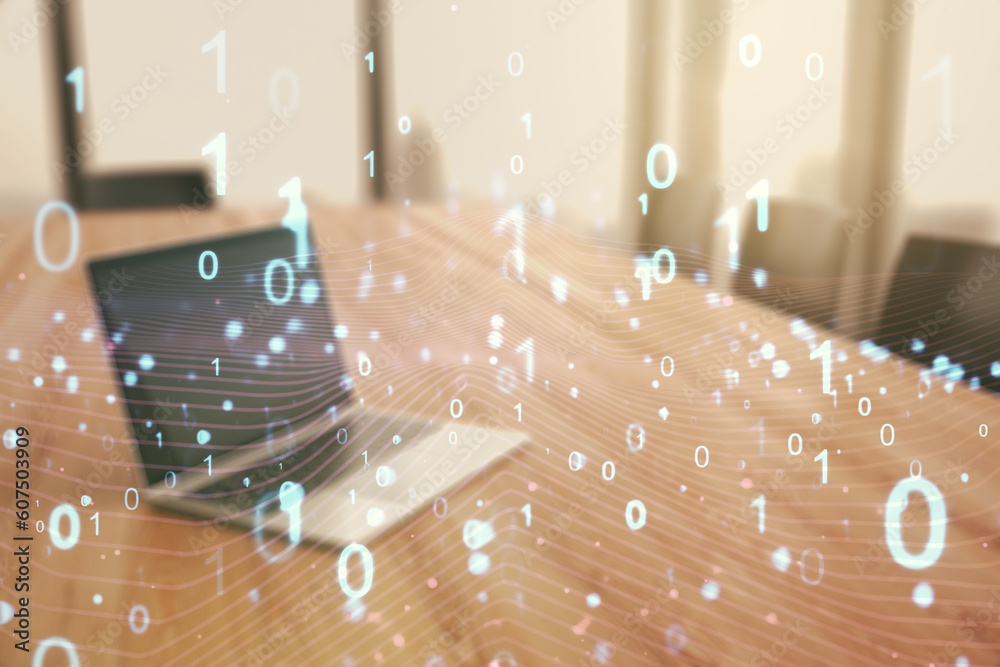 Leinwandbilder Creative abstract binary code hologram on modern computer background, AI and machine learning concept. Multiexposure