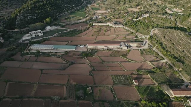 Aerial view of agricultural fields, Beceite, Teruel, Matarranya comarca, Spain.