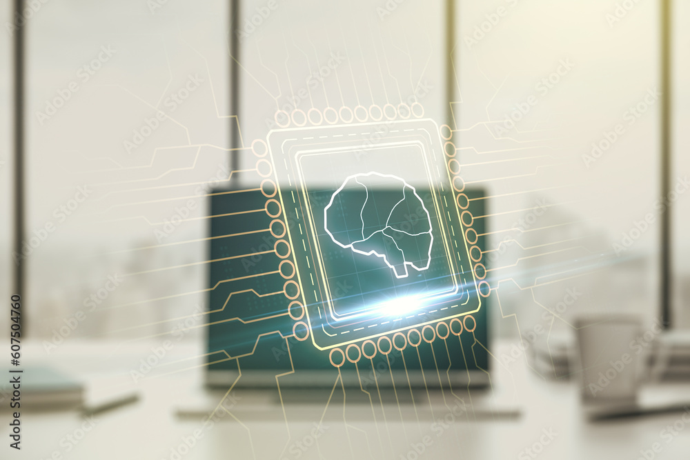 Poster double exposure of creative human brain microcircuit with computer on background. future technology 