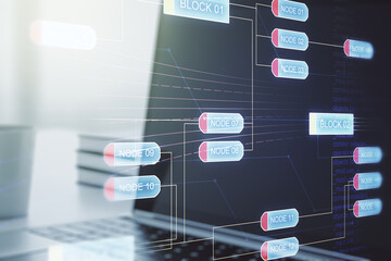 Multi exposure of abstract software development hologram on laptop background, research and analytics concept