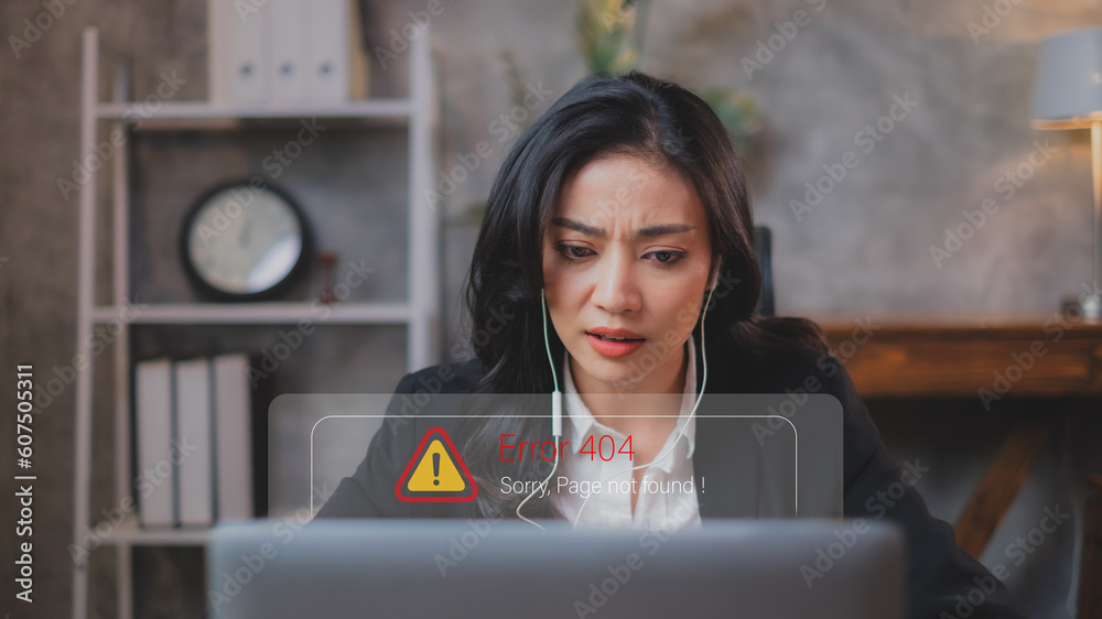 Wall mural business woman is angry while using laptop searching but the page shown an error code 404 page not f