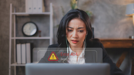 Business woman is angry while using laptop searching but the page shown an error code 404 page not found. Concept of website failure, danger alert. A mistake and problem of webpage internet.