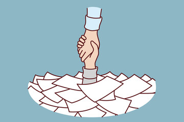 Hand among papers and documents asks for help and salvation from bureaucracy and overabundance paperwork that causes burnout. Helping hand for person suffering from work overload or bureaucracy